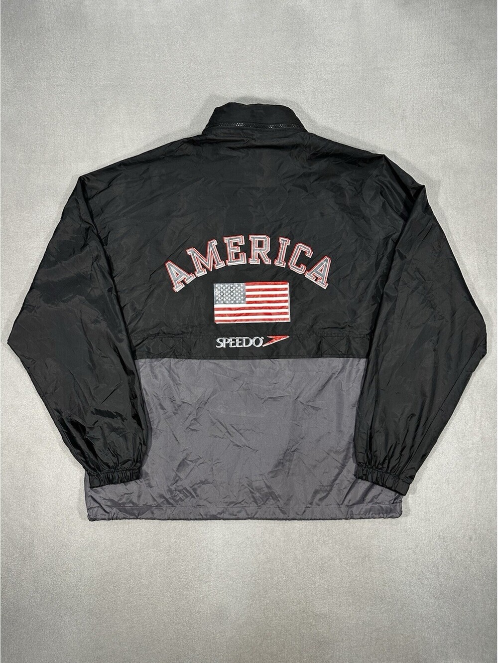 Speedo USA America Flag Size L Fits XL Windbreaker Jacket Hooded Black Gray Mens